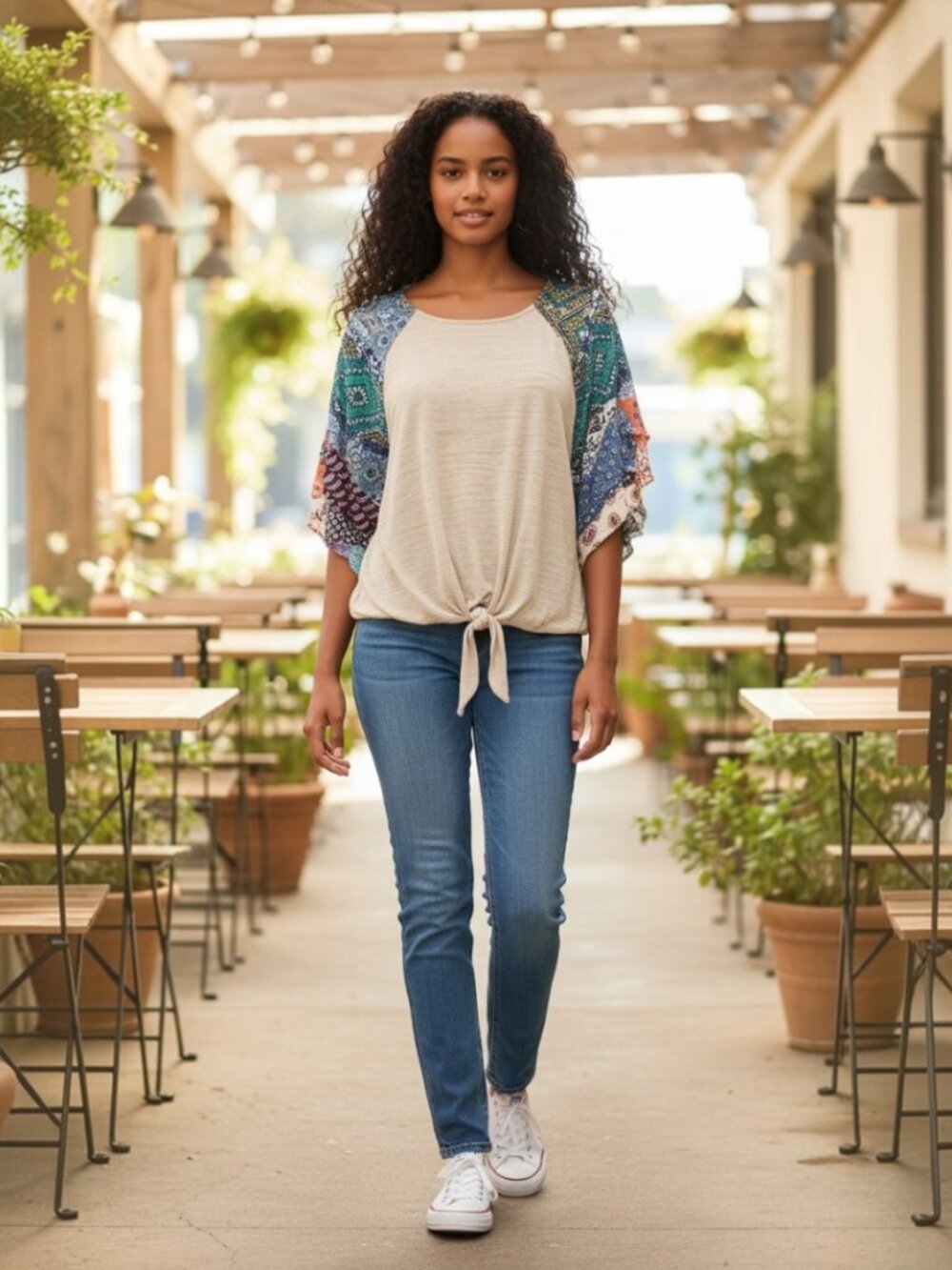 Umgee Beige Oversized Top with Multicolor Flutter Sleeves Size S